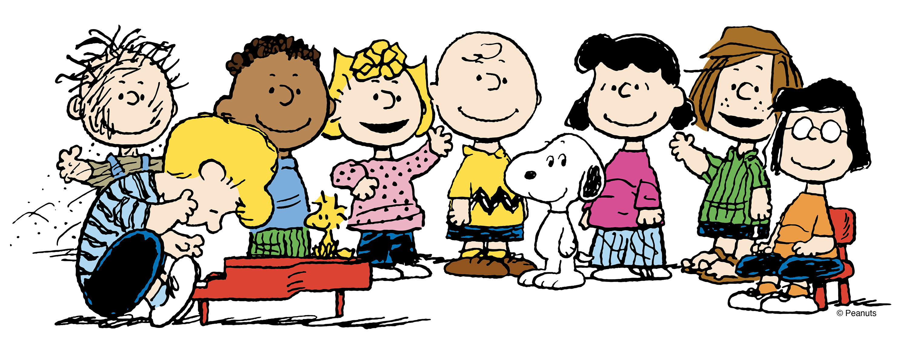 The Peanuts Comic Strip characters, including Snoopy the dog and facing forward.   There are also yellow, blue, and red birthday balloons on the right side.