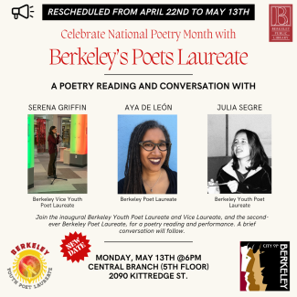Flyer with photos of all three Berkeley Poets Laureat in the center