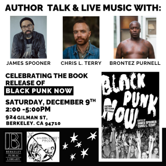 Black Punk Now book cover, 924 Gilman logo, and author portraits