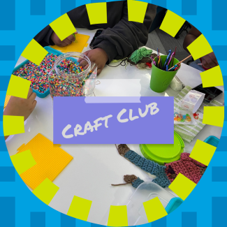 Craft Club design, circle of teens hands and craft supplies across a whiteboard table 