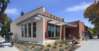 Exterior South Branch. Drought-resistant plants and bioswales save water