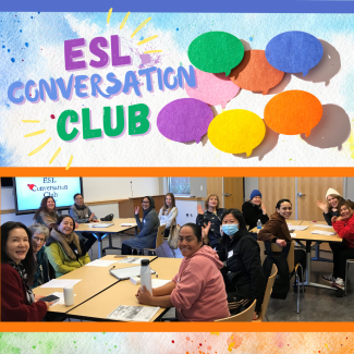 Colorful paint splatters with speech bubbles.  Middle photo of ESL Conversation Club meeting.  Bottom of the flyer with meeting information.