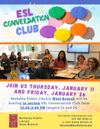 Colorful paint splatters with speech bubbles.  Middle photo of ESL Conversation Club meeting.  Bottom of the flyer with meeting information.
