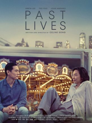 Movie poster for Part Lives, two people sitting across from one another with a carousel in the background.