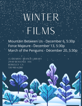 snowy night background showing titles of December Claremont films