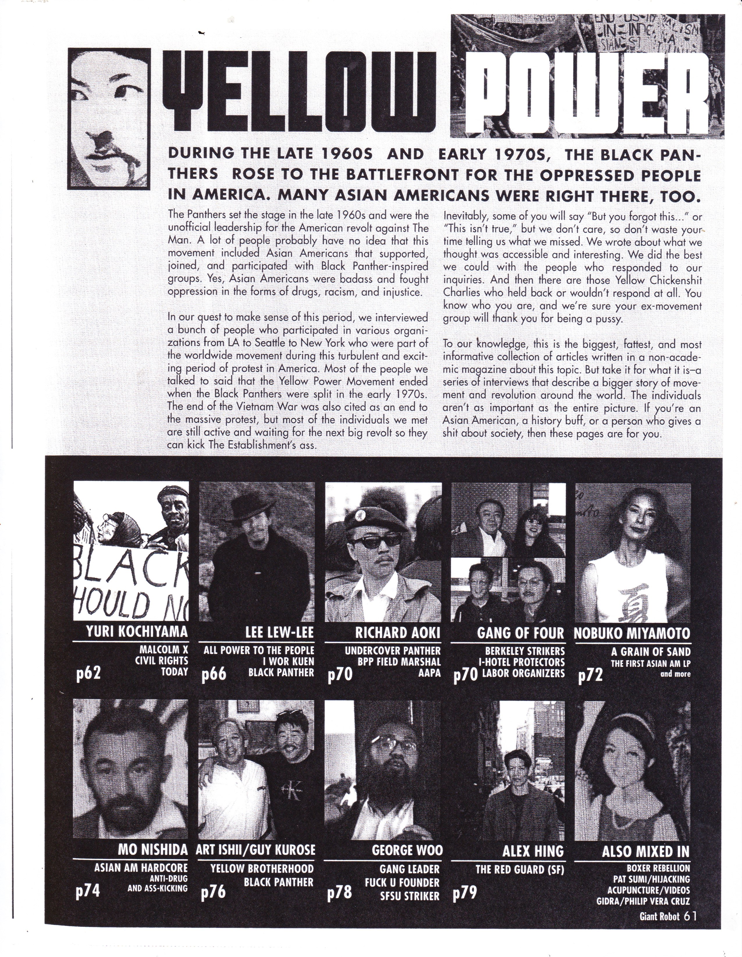 Scanned black and white image of the cover of a magazine called "Yellow Power." Below paragraphs of text, pictures of a number of prominent activists are shown