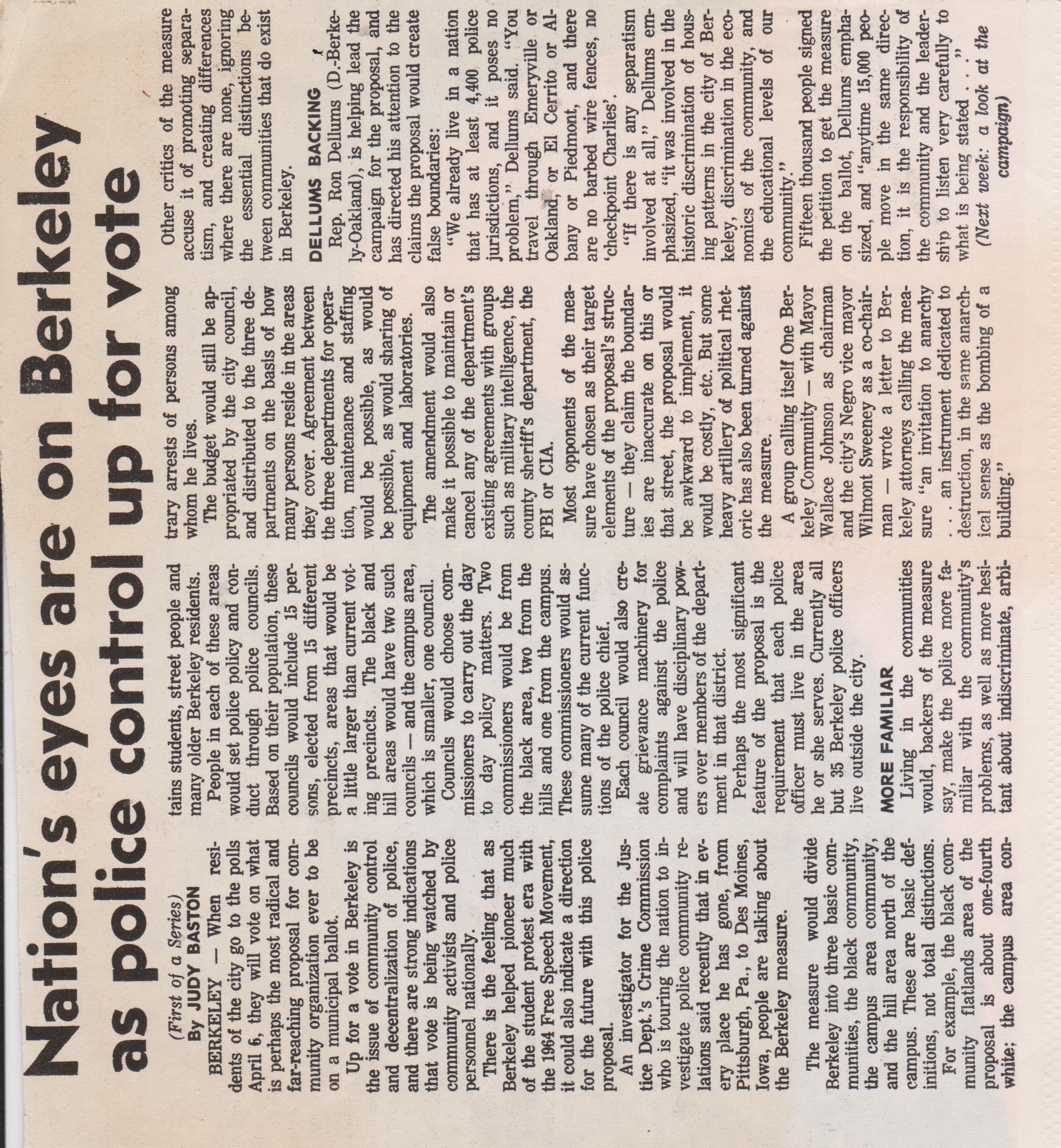 Scanned image of a news article with the headline "Nation's eyes are on Berkeley as police control up for vote"