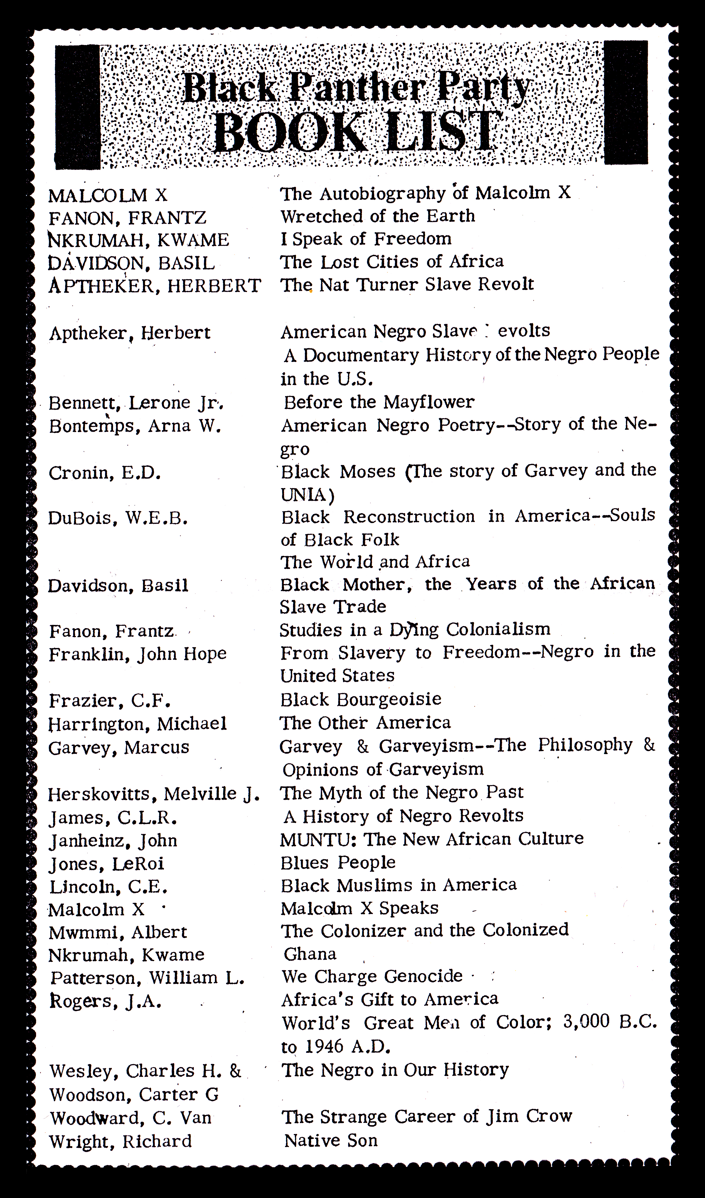 Scanned black and white image of Black Panther Party Book List, which lists about two dozen books
