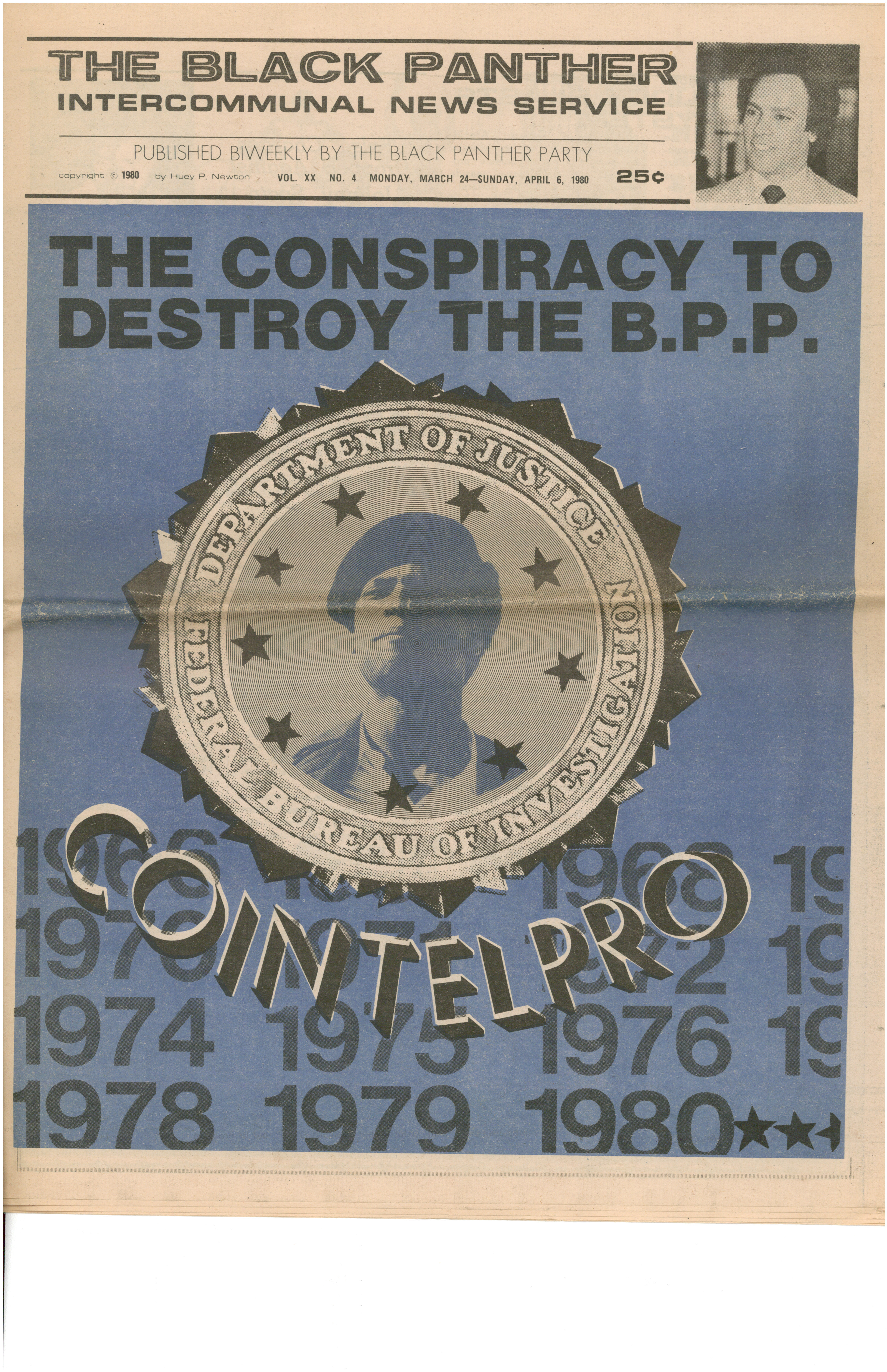 A scanned image of the Black Panther Party newspaper with the headline "Cointelpro: The Conspiracy to Destroy the B.P.P."