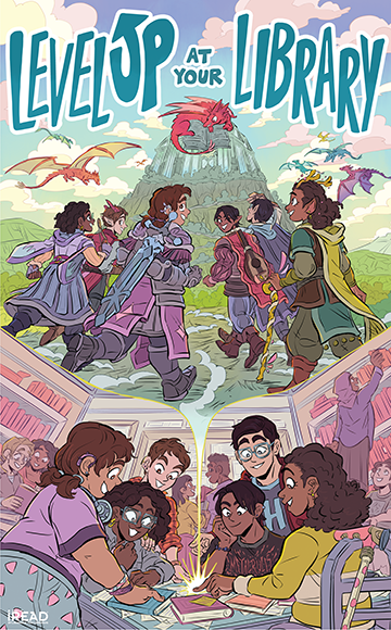 Children playing a role-playing game below an image of the same children inside the role playing game