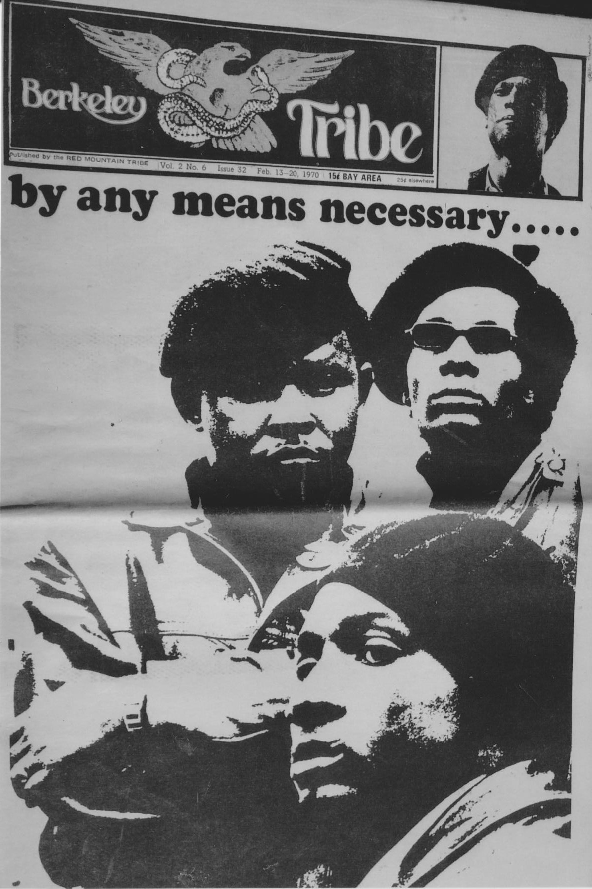 Front page of an alternative newspaper called Berkeley Tribe with a picture of three Black men looking brave and thoughtful 