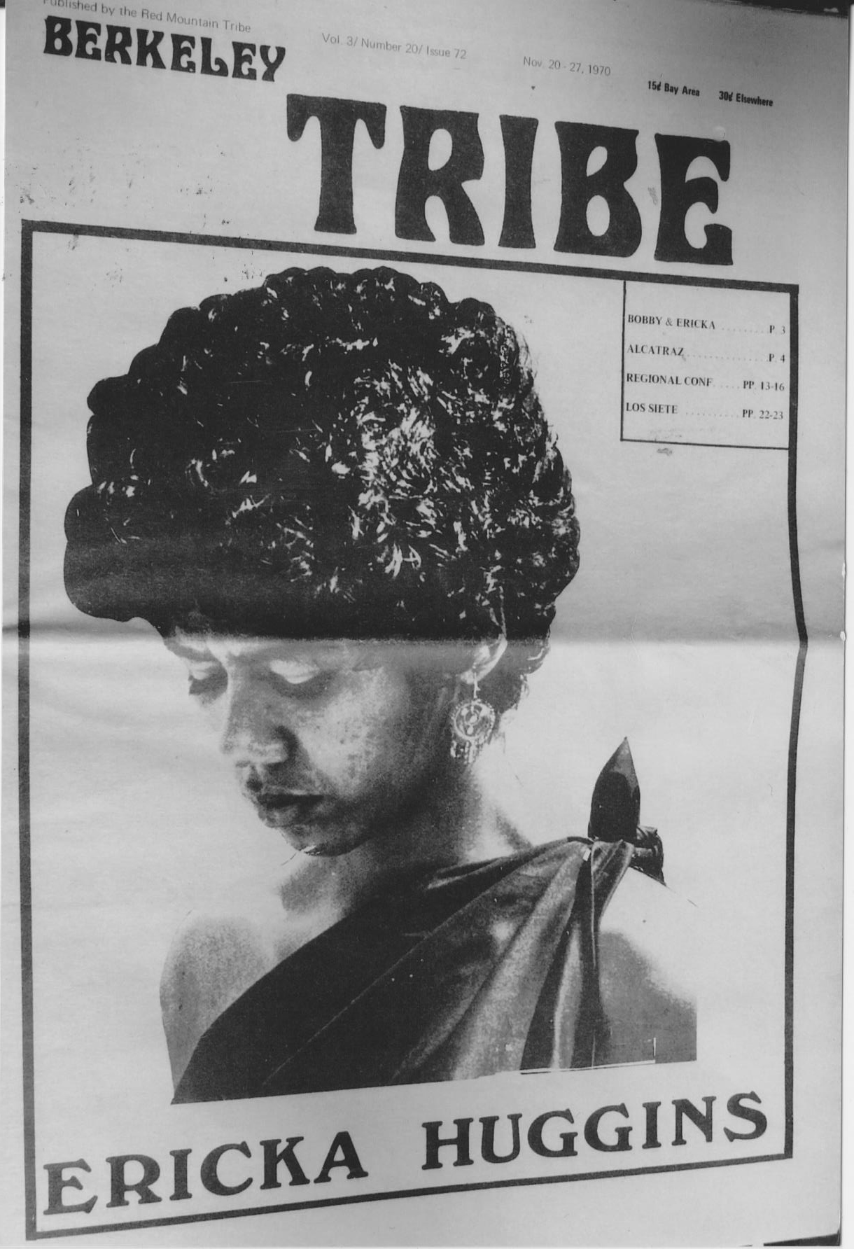 Front page of an alternative newspaper called Berkeley Tribe with a picture of a young Black woman, Ericka Huggins, looking thoughtfully down