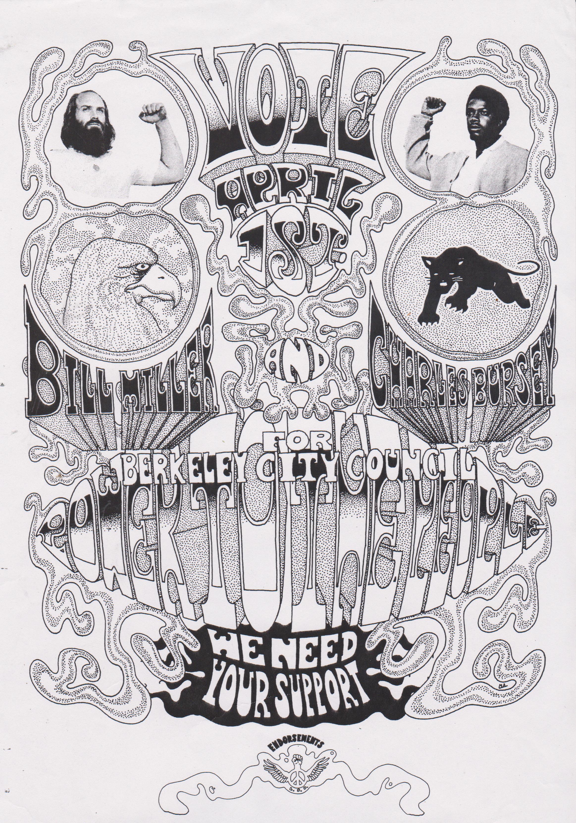 Graphically illustrated poster for Berkeley City Council vote 1969