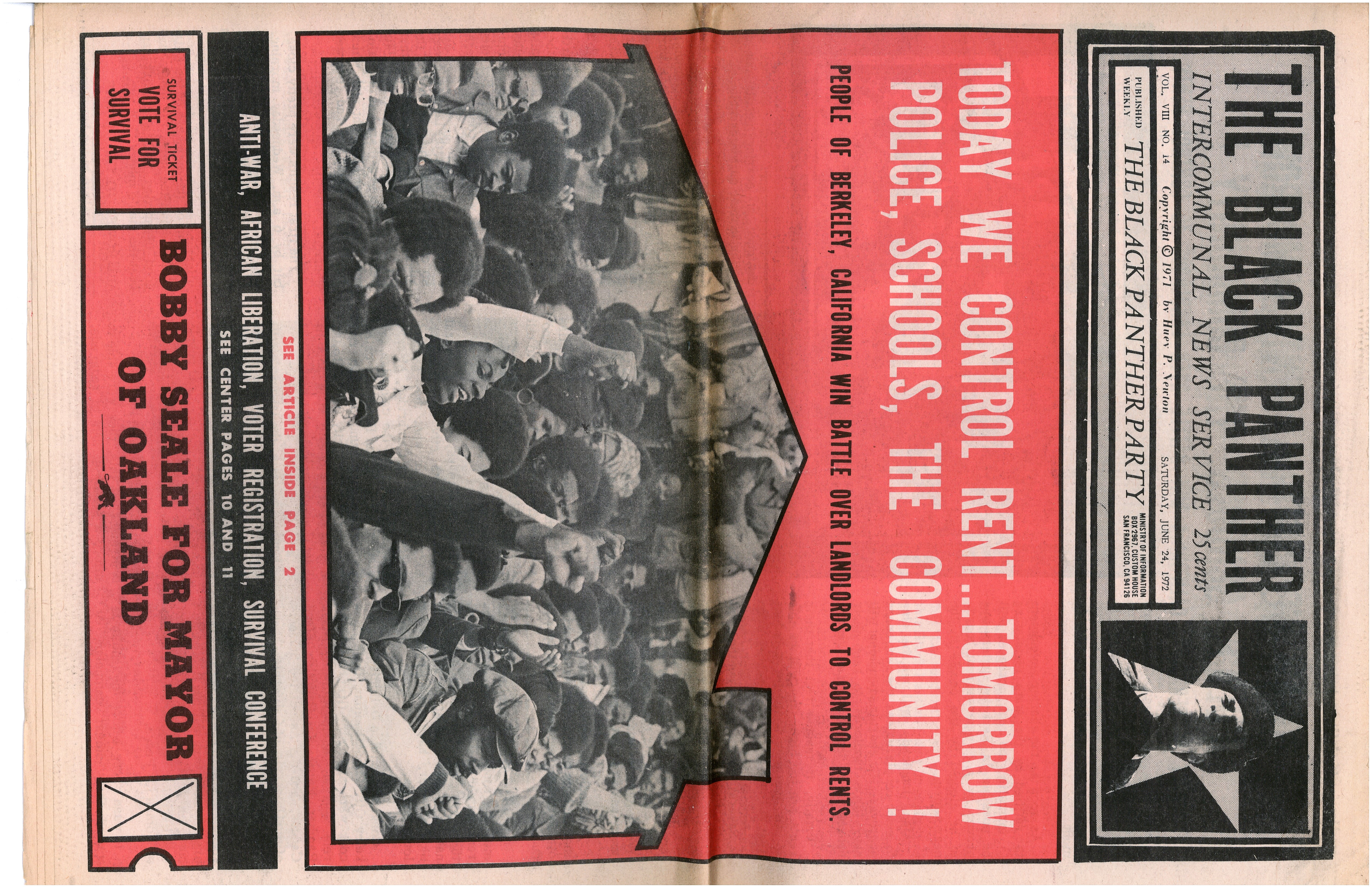 Scanned color image of the cover of Black Panther Newspaper, featuring white and black text on a red background and a black and white photo of a crowd of people raising their fists