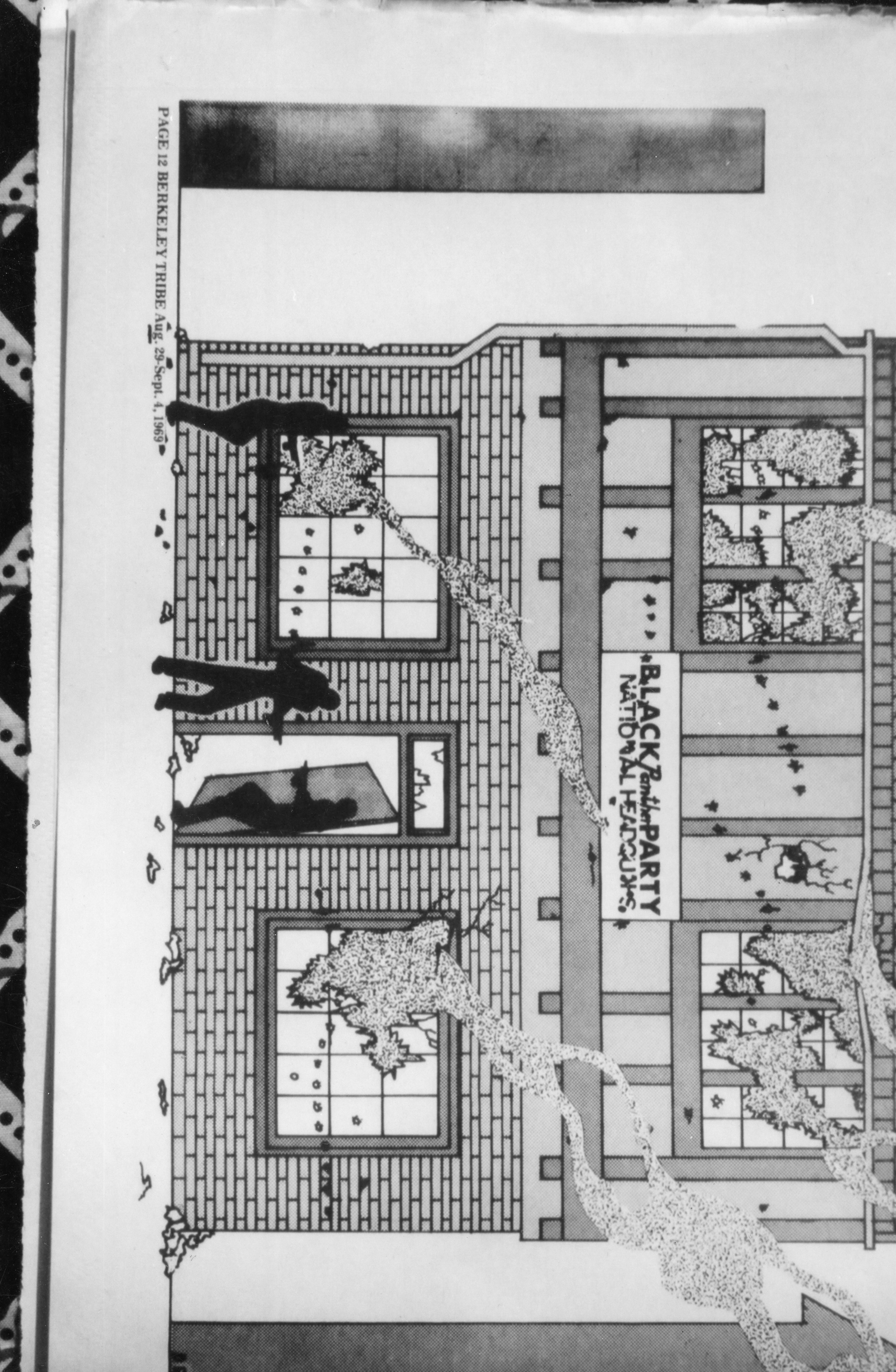 Black and white image of a graphical illustration, showing a building with broken windows being violently raided