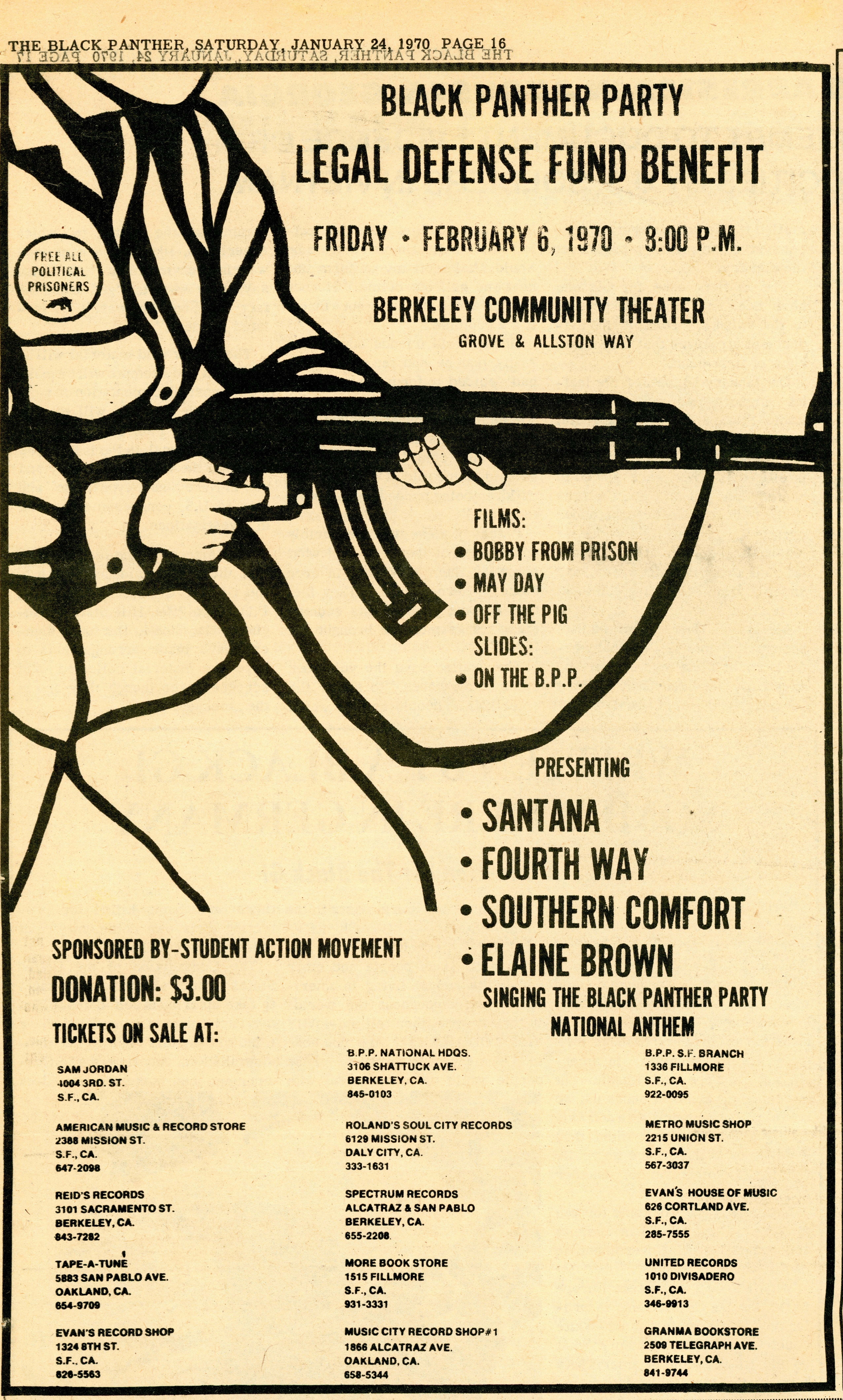 Graphic poster on a yellow background for a Black Panther Party Benefit headlined by Santana among other musicians. A graphical illustration of a person holding a gun is visible in the top left corner