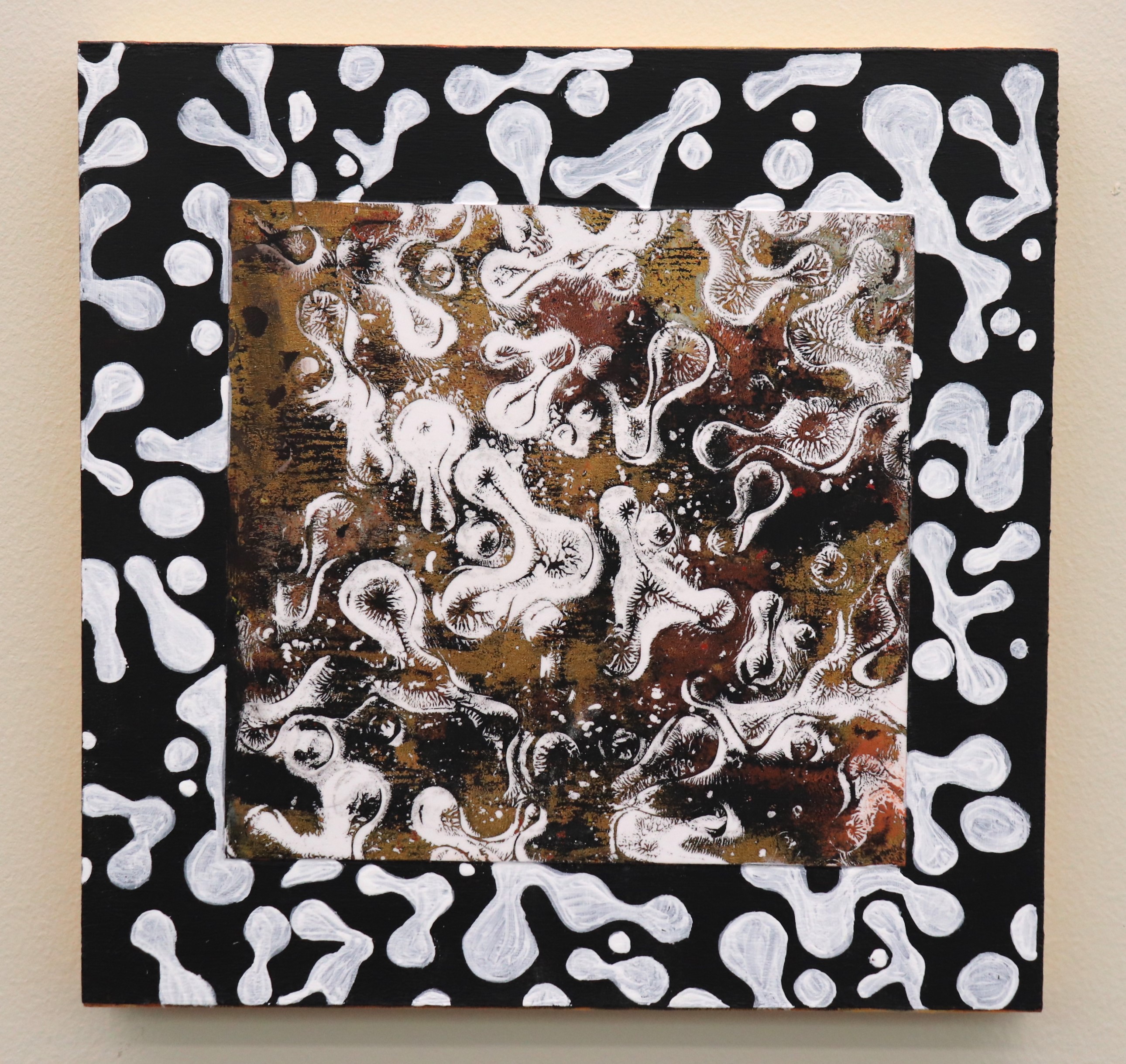 Hand printed art and collage on 8&quot; x 8&quot; wood panel