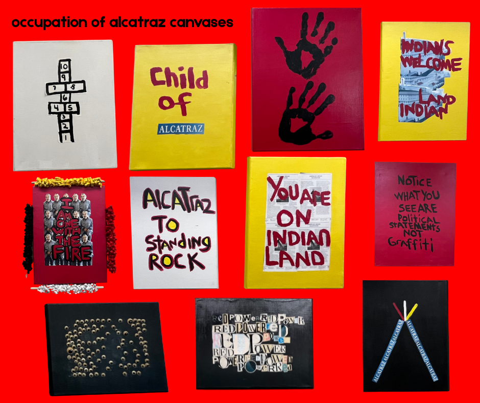 various canvases with paintings of art previously installed on alcatraz island