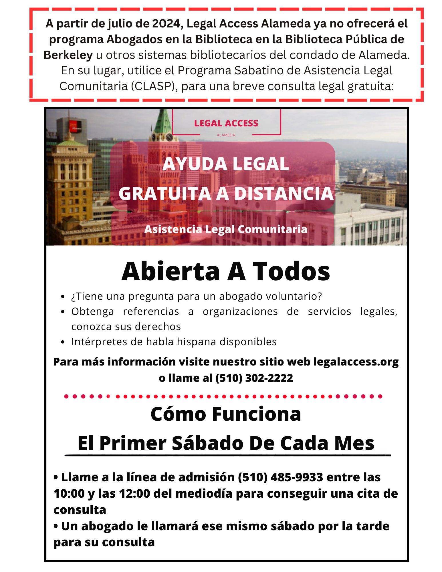 Community Legal Appointment Saturday Program flyer in Spanish