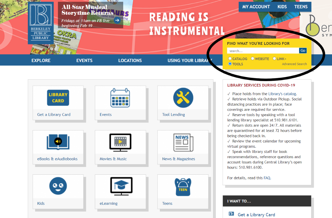 Library web page highlighting Tool Search option.