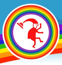 graphic emblem of a round rainbow circle with a graphic figure of a dancing clown with a tall floppy hat in the middle