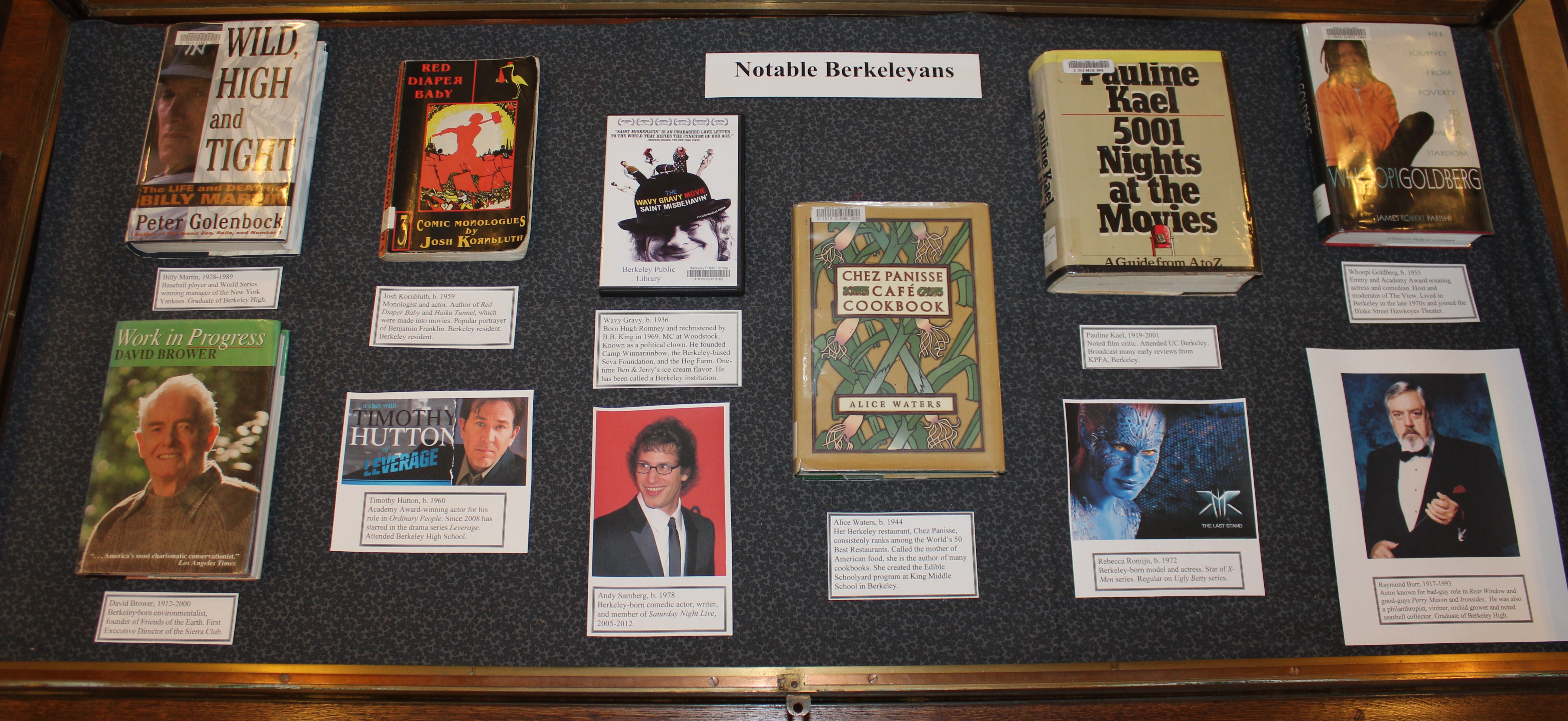 Display case featuring photos and books of notable Berkeleyans