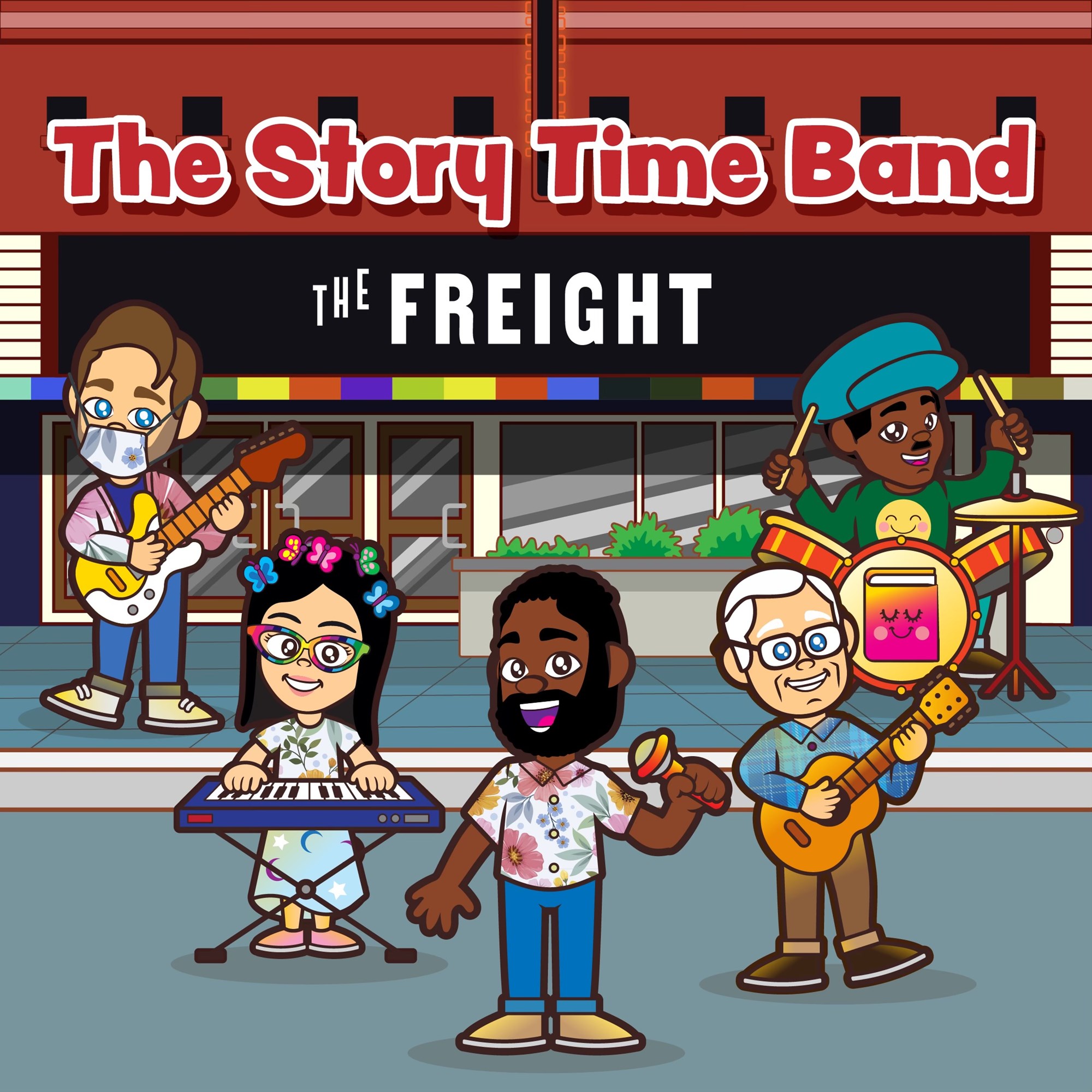 story time band characters in front of The Freight venue
