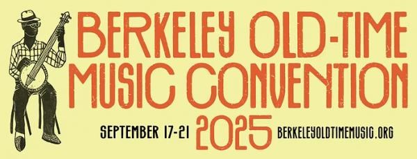 Berkeley Old-time music Convention poster showing a man sitting on chair playing banjo