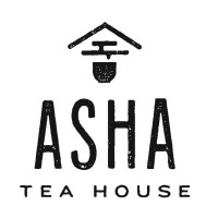 Asha Tea House logo with roof over steaming cup of tea