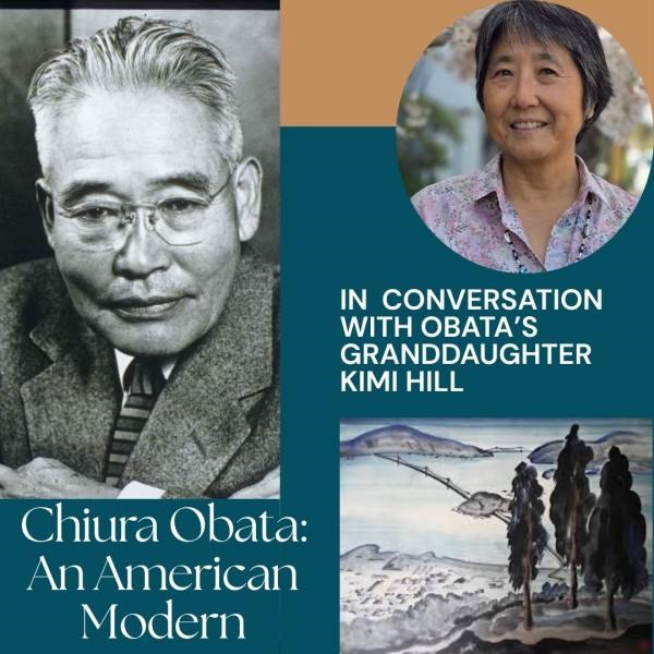 Black and White photographs of Japanese man and color photo of granddaughter Kimi Hill and artwork of SF Bay