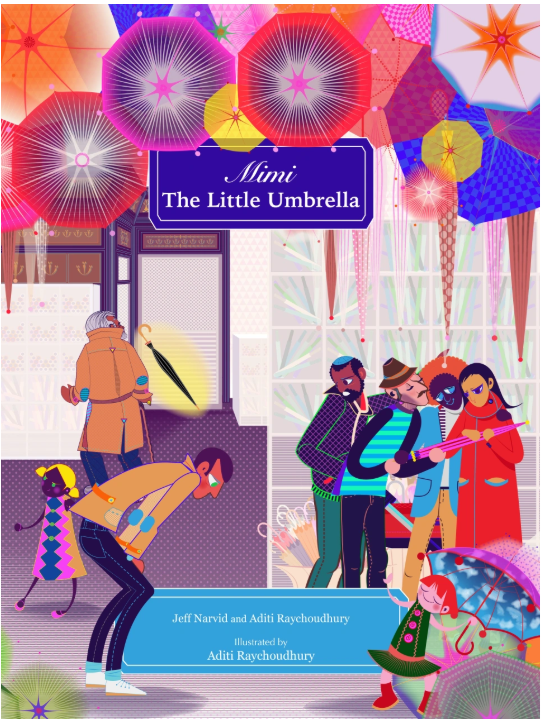 Mimi The little Umbrella book cover with outside city scene of people and various umbrellas