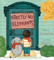 Boy and miniature Elephant looking at a Door with sign reading "Strictly No Elephants"