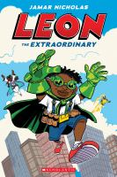 A kid wearing green gloves, goggles, and a cape mid jump with a cityscape and two superheroes in the background