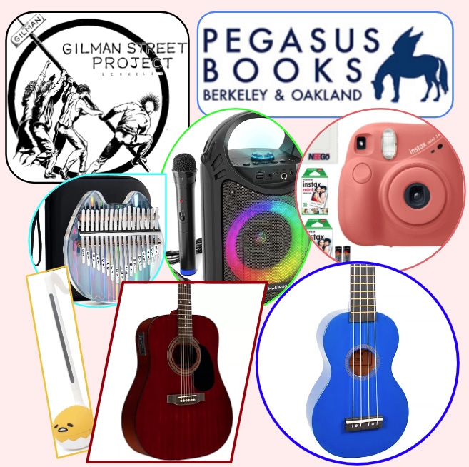 display of some of the prizes including musical instruments, camera, karaoke machine, and sponsors Gilman Street Project and Pegasus Books