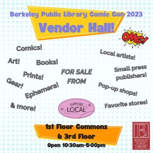 Flyer for Vendor Hall. Light gray polka dots disappearing vertically toward the center, with blue and black text on yellow and orange signage shapes on top and bottom, and graphic &quot;OMG!&quot; in yellow and red and &quot;Support Local&quot; in black on pink.