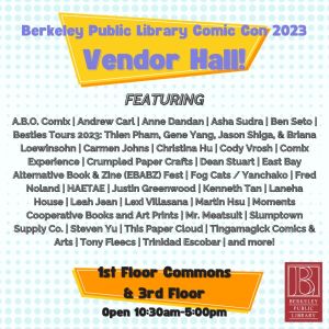 Flyer for Vendor Hall. Light gray polka dots disappearing vertically toward the center, with blue and black text on yellow and orange signage shapes on top and bottom, and black text listing participating artists.