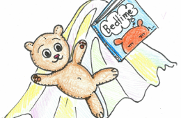 pencil drawn teddy bear lying on a blanket with book