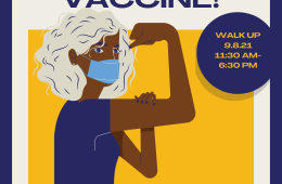 cartoon woman flexing muscle pointing to vaccine injection site