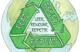 graphic by Jason Chin of a recycle sign with the words "read, renew, repeat" in English and Spanish