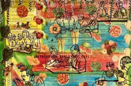 line art superimposed on colorful art featuring produce.
