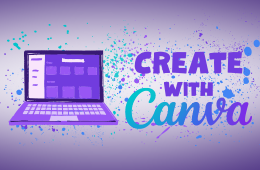 The words Create with Canva next to a purple computer graphic