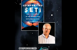 John Gertz with cover image of his book Reinventing SETI
