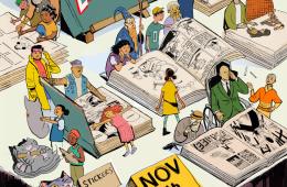 drawings of mini figurines of comic book authors and comic books on a table