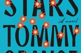 Cover of the book Wandering Stars by Tommy Orange.  Blue Background, black text, orange stars