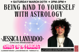Astrologer Jessica Lanyadoo with constellation in the background  
