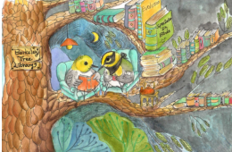painting of two birds in a tree surrounded by books