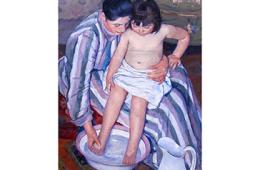 painting of woman washing a child's foot in a famous painting by Mary Cassatt