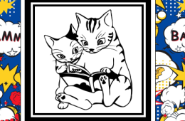 Two cats drawn anime style reading a comic book on a background of red, blue, yellow comics speech bubbles