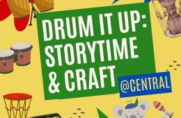 Various drums and a koala holding maracas encircle the text "Drum it up: Storytime and craft"