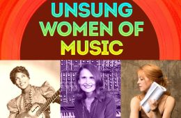 Flier with pictures of musicians Sister Rosetta Tharpe, Wendy Carlos and Maria Schneider